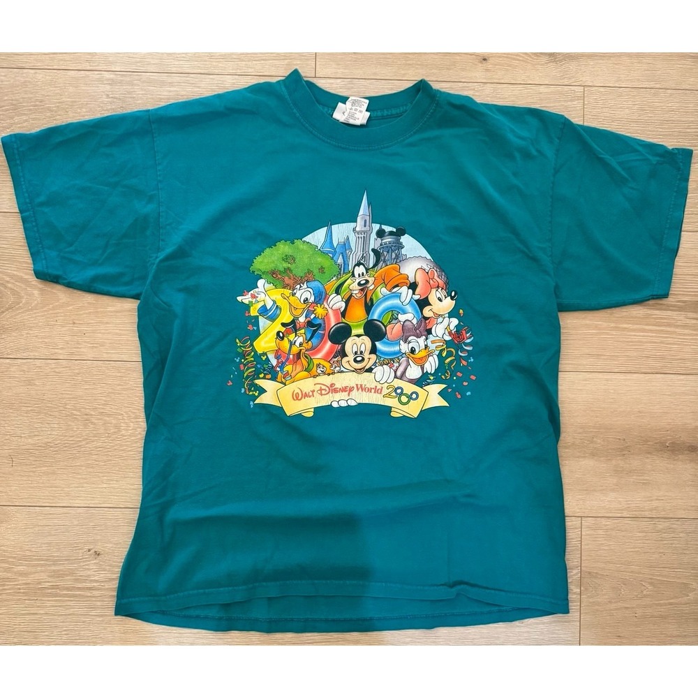 Vintage 2000 Walt Disney World Celebrate the Future Hand in Hand Teal Shirt Sz L